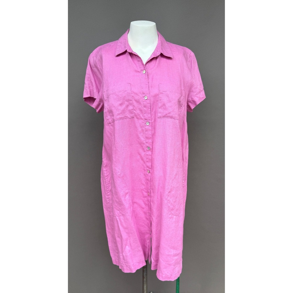 J Jill Linen Shirt Dress Medium Pink Short Sleeve Button Front Pockets Coastal - Picture 15 of 15